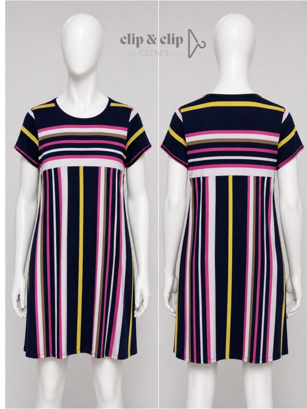 Womens Navy Striped Short Sleeve Swing Dress